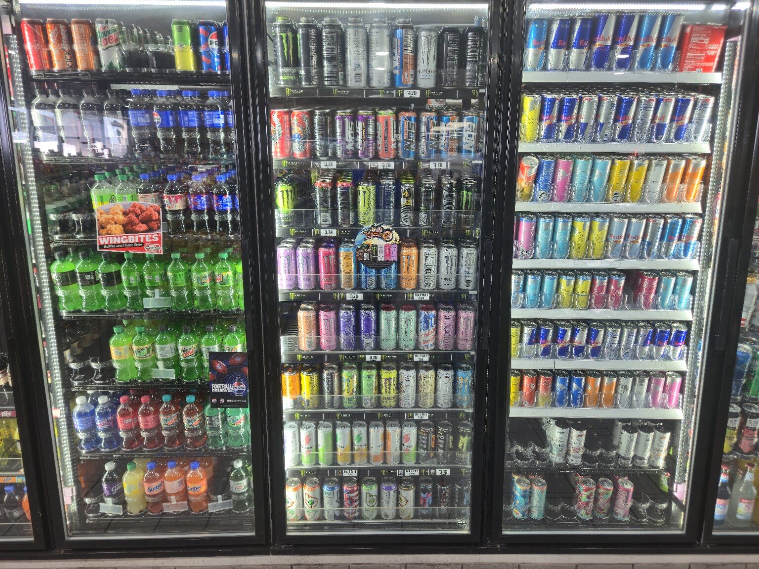 Cold soda and energy drinks at Tiger Pride Mart